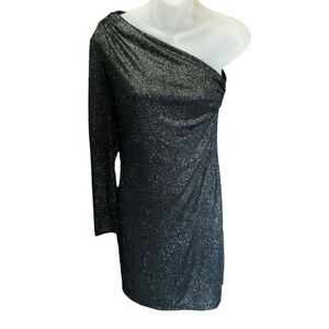 Allen B by Allen Schwartz Black Sparkle One-Sleeve Mini Glitter Party Dress XS
